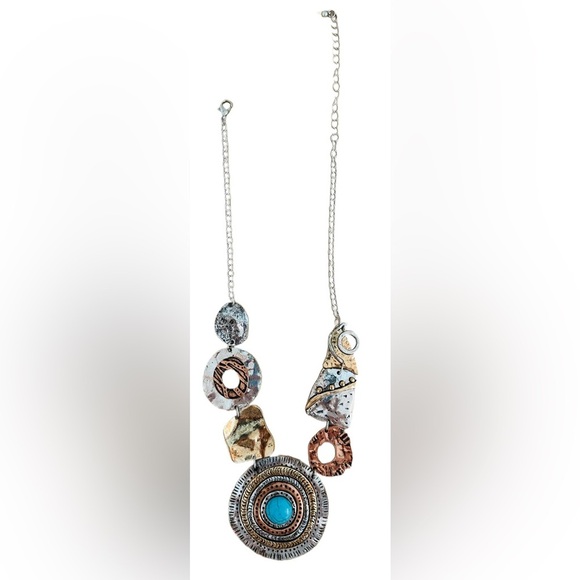 NECKLACE ~ Artistic Abstract Gold/Silver tones w/faux Turquoise Accent - Picture 4 of 7